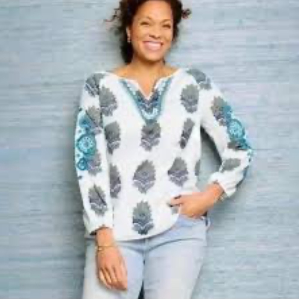 Talbots Womens LP Petite‎ Large W/Green/Navy Paisley Print Eyelet Sleeve